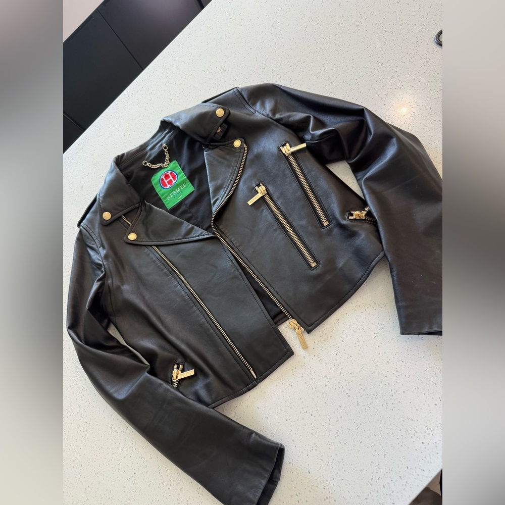 Hermes Black Leather Jacket with Gold Accents